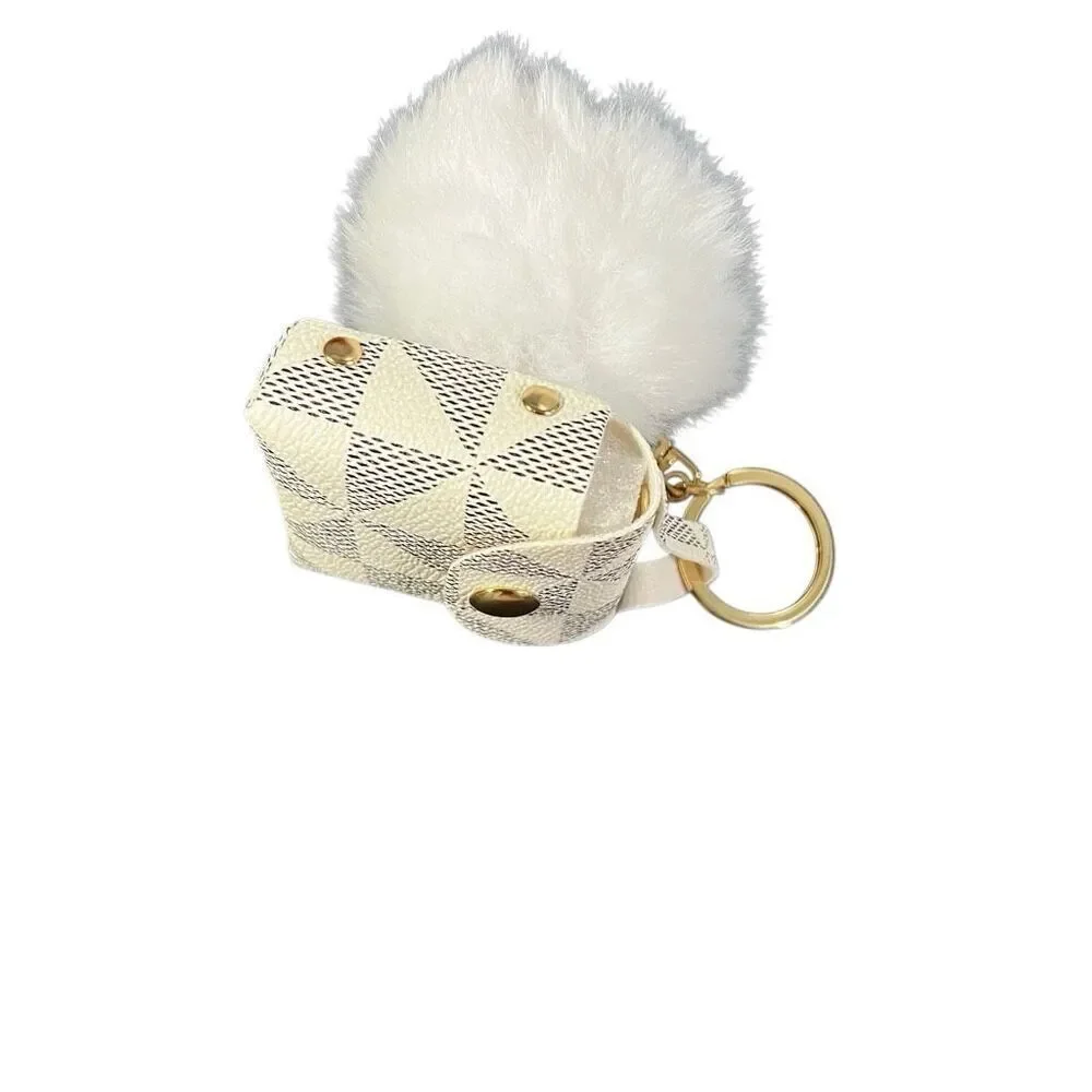 Clip on Keychain Pouch with white Pom Split check mini bag charm snap button gol
